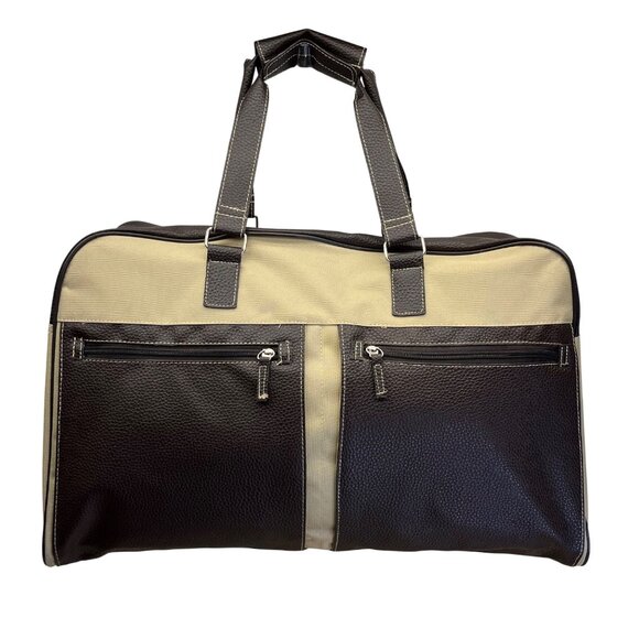 Unbranded Beige Canvas & Brown Faux Leather With Dual Handles Travel Duffel Bag - Picture 1 of 12
